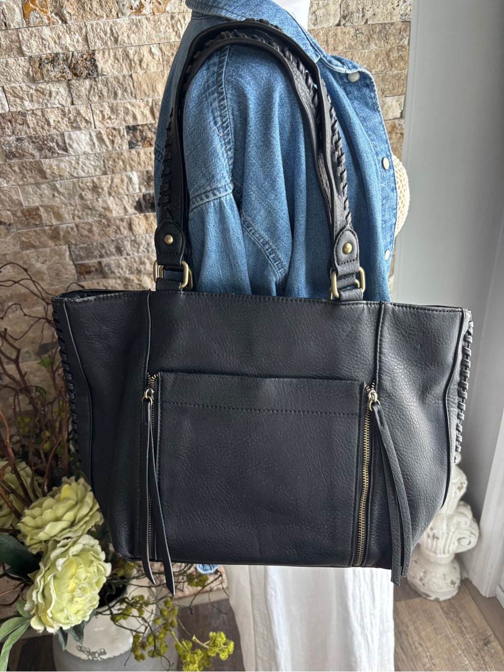 Madison West Black Braided-Handle Tote with Front Zip Pockets